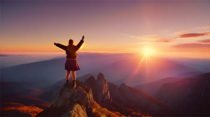 Scene: Mountain peak at sunrise. Characters: A woman reaching the summit.Details: Breathtaking view of the sunrise over mountains. The woman standing with arms raised, feeling triumphant.