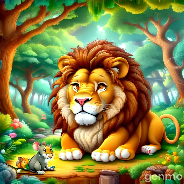 a lion and a mouse in a forest