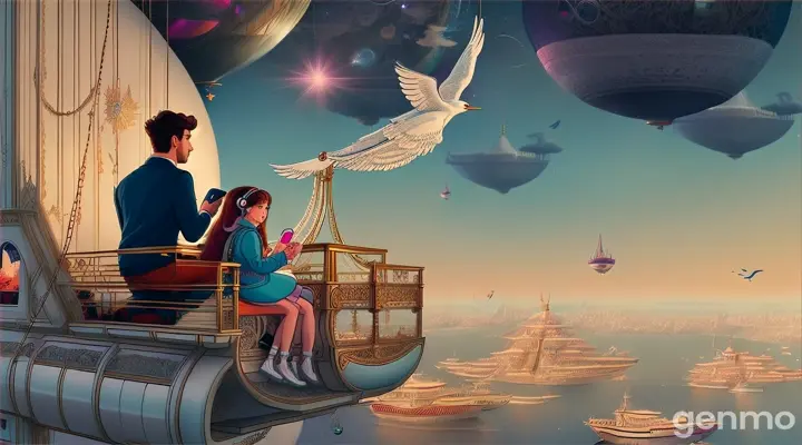 cartoon of a young man and a girl sitting on a white craine made of wooden construction and fabric-leather components, They are listening music with the head phones, girl has a mobiles on her hand, man smoking hubble bubble flying over Istanbul at 17th century Ottoman, in the iconic style of moebius, kilian eng. mœbius, inspired by Moebius, inspired by Mœbius, in style of moebius, ghibli moebius, inspired by kilian eng. 