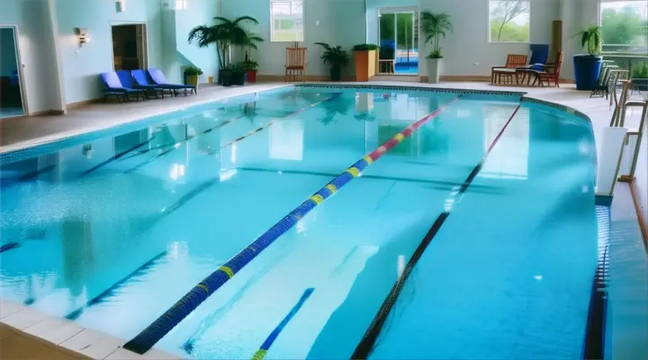 an indoor swimming pool with a ladder leading up to it