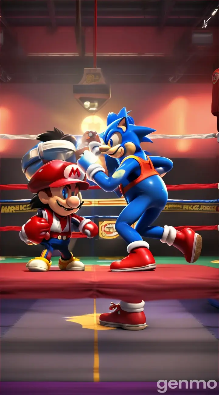 Mario and Sonic boxing with each other, animated 3d, 9:16 ratio