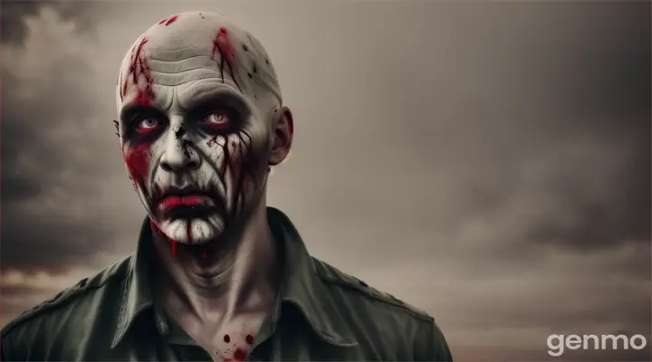 Realistic bald zombie with broken face. The arm is cut off from the middle and red food coloring splatters across the face. The background is an abandoned village with fog and dust in the air. Sunset.