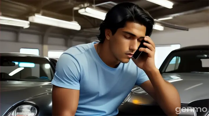 inside the car garage, a surprised young man with slicked back surfer black hair in sky blue t-shirt sitting on a bench talking on his black smartphone with shocked and surprised look on his face