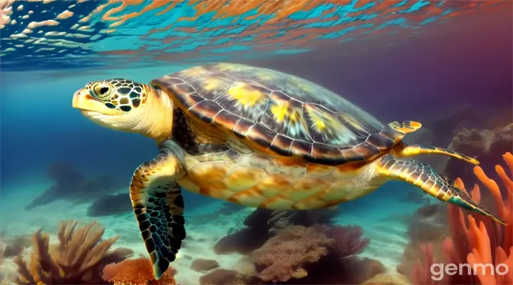 a colorful sea turtle swimming over a coral reef