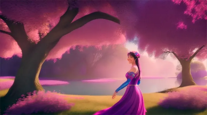 create a fantasy video with a smiling woman in pink and purple and blue colors with many contrast under a willow