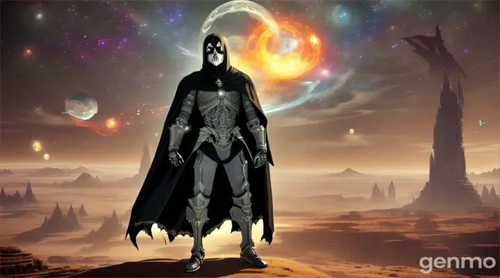 Hypnotic, surreal character , make a video clip, with a smoky, transparent jaw fused to their skull, standing amongst a celestial, star-filled universe, and got, where An ancient skeleton warrior assassin in the middle of a mystical desert battle, with enemies in the background and black mages casting 