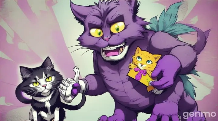 A purple-headed monster holding a scared cat from a cartoon in his hand, fiction , muleA purple-headed monster holding a scared cat from a cartoon in his hand, fiction , cartoon