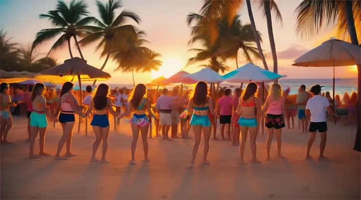 People on a beach having a party, surrounded by palm trees, tiki torches, and bright tropical flowers