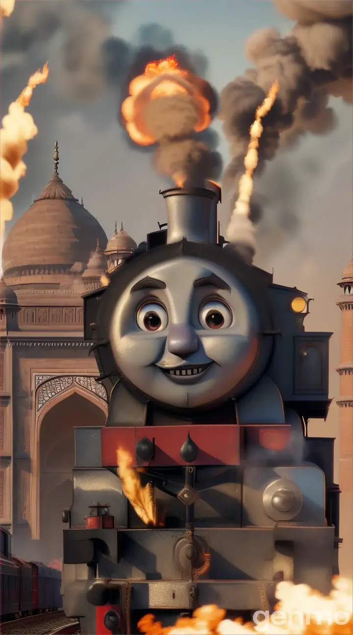 Create a THOMAS THE TRAIN with SHARP TEETH, bull HORNS,FIRE & SMOKE  near Taj mahal, realistic, 4k , 8k, HD, Hyper Detailed, in PIXAR STYLE