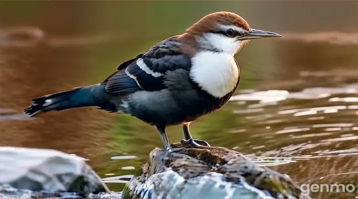 a bird standing on a rock in the water