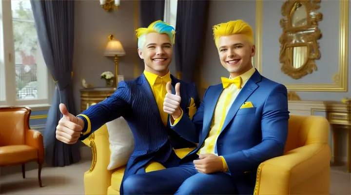 man with bright yellow hair no beard, wearing blue suite smiling giving thumbs up in mansion