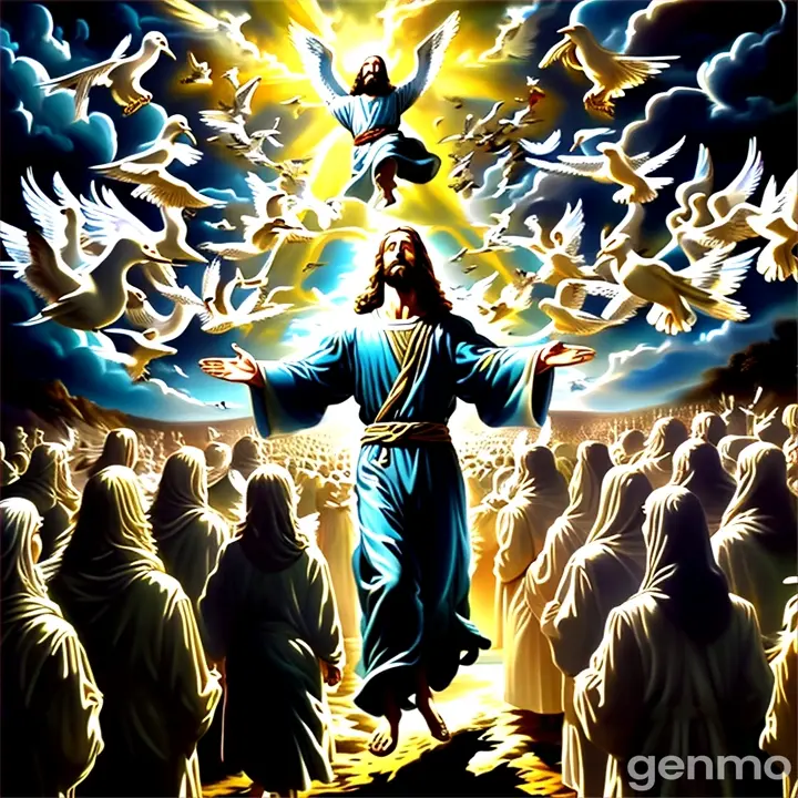 a painting of jesus christ wearing white lightening dress surrounded by doves and saints 