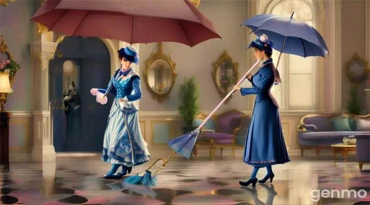 Mary Poppins fait le ménage dans un appartement. un grand loup gris, aux yeux bleus, la regarde.