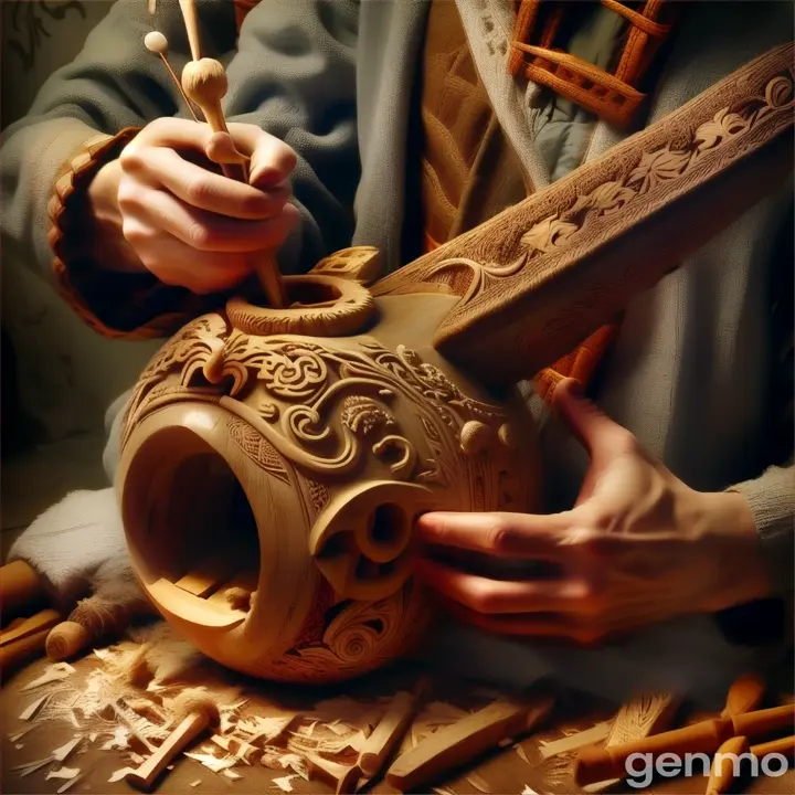 hollowing out the Kazakh musical instrument kobyz from wood