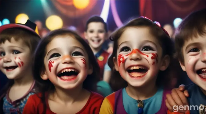 a crowd of children boys and girls disgustingly laughing while sitting at a circus performance