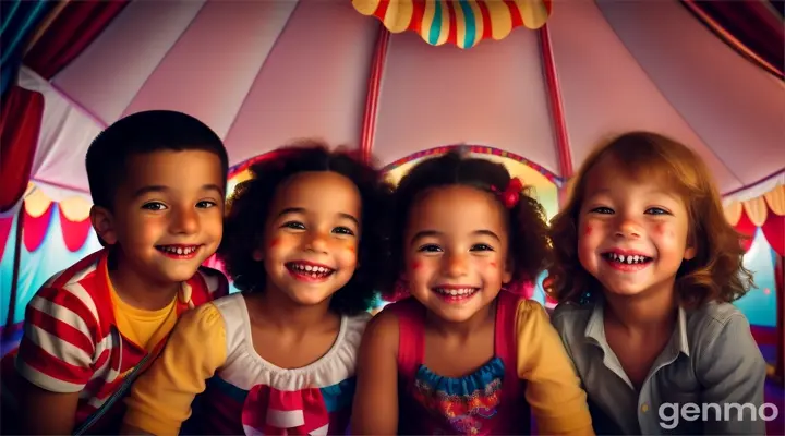 a crowd of children boys and girls disgustingly laughing while sitting at a circus performance