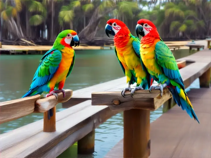 two colorful parrots sit on a jetty