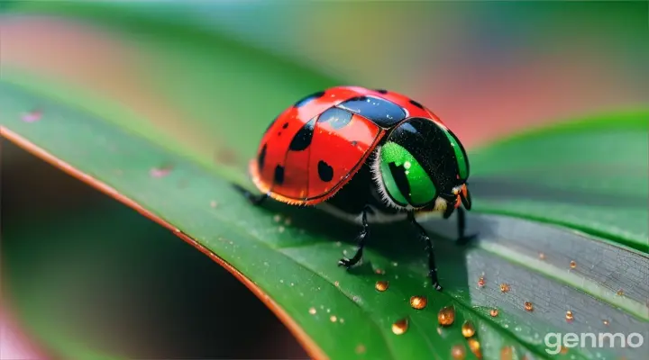 Ajouter Une coccinelle macroscopique qui deploie ses ailes sur des feuillages avec des gouttelettes d'eau