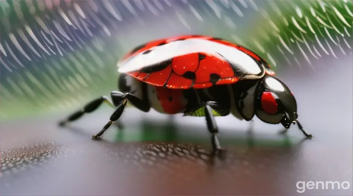 Ajouter Une coccinelle macroscopique qui deploie ses ailes sur des feuillages avec des gouttelettes d'eau
