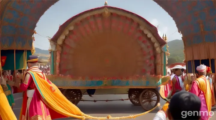 .A scene of a palanquin being carried on the road, with villagers watching and celebrating around it.
Showing the palanquin in a grand manner amidst the village, with music and villagers enjoying the spectacle.
