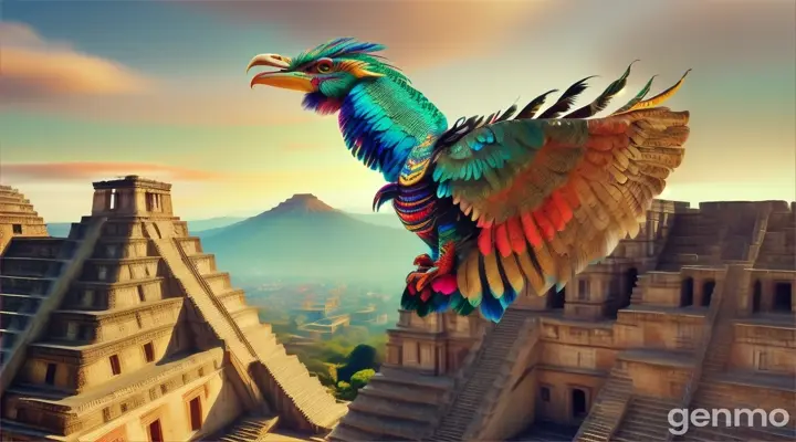 Quetzalcoatl, Aztec feathered serpent, flying over Aztec pyramids