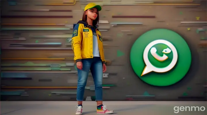 Create a 3D image featuring an animated character in a standing model like pose infront of the "Whatsapp" logo. The character should be dressed casually in modem attire like a denim jacket and sneakers of yellow color. The backdrop of the image should display a social media profile page with the usemame "ROZEX7" and a profile picture resembling our 3D character. Make sure the text is not misspelled