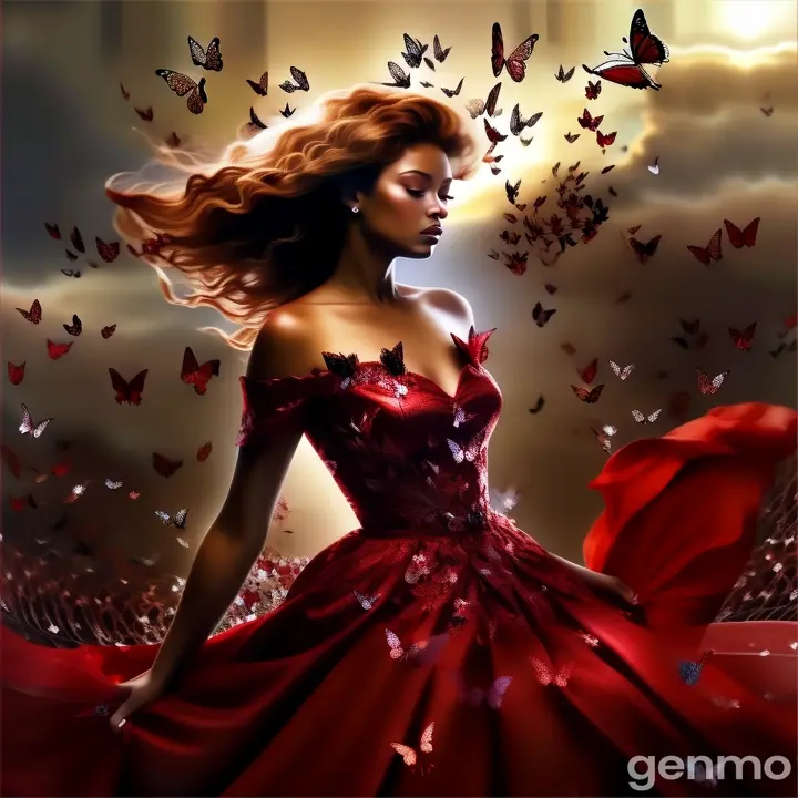 a woman in a red dress surrounded by butterflies