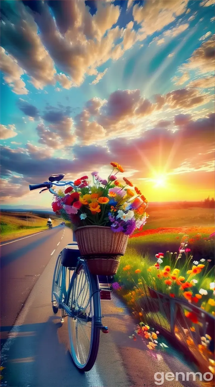 a bicycle with a basket full of flowers on the side of a road