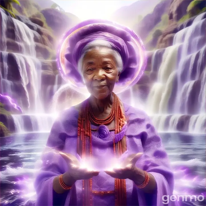 a woman in a purple outfit standing in front of a waterfall