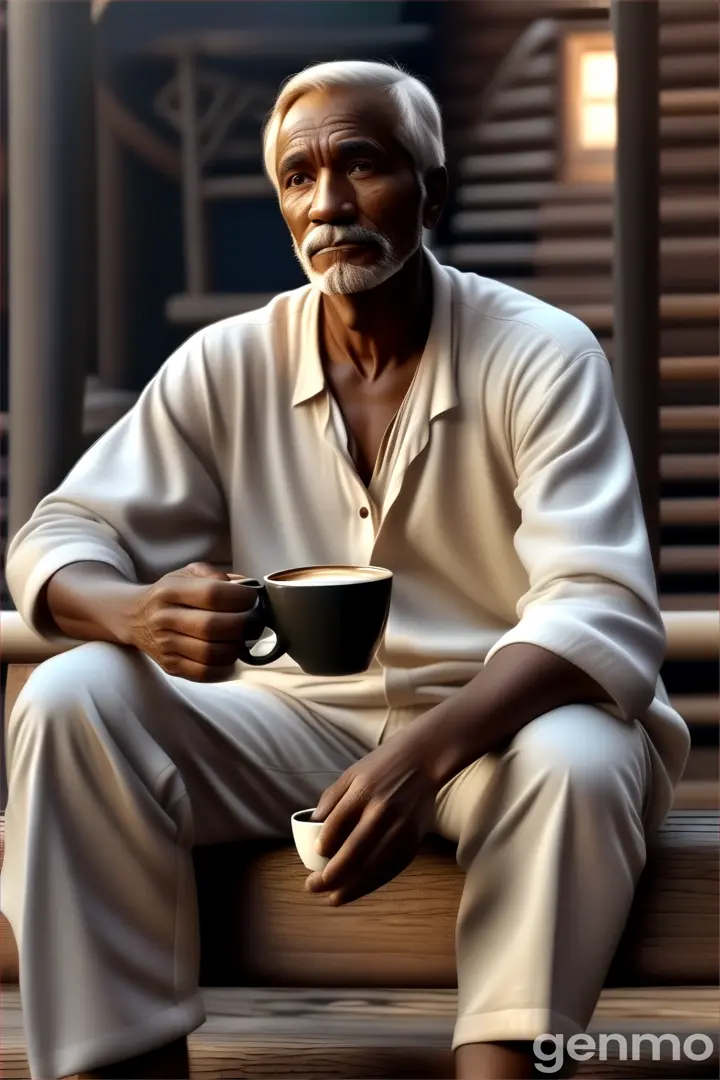 a man sitting on a bench holding a cup of coffee