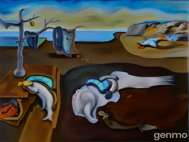 a painting of a cat laying on the ground next to fish & a clock