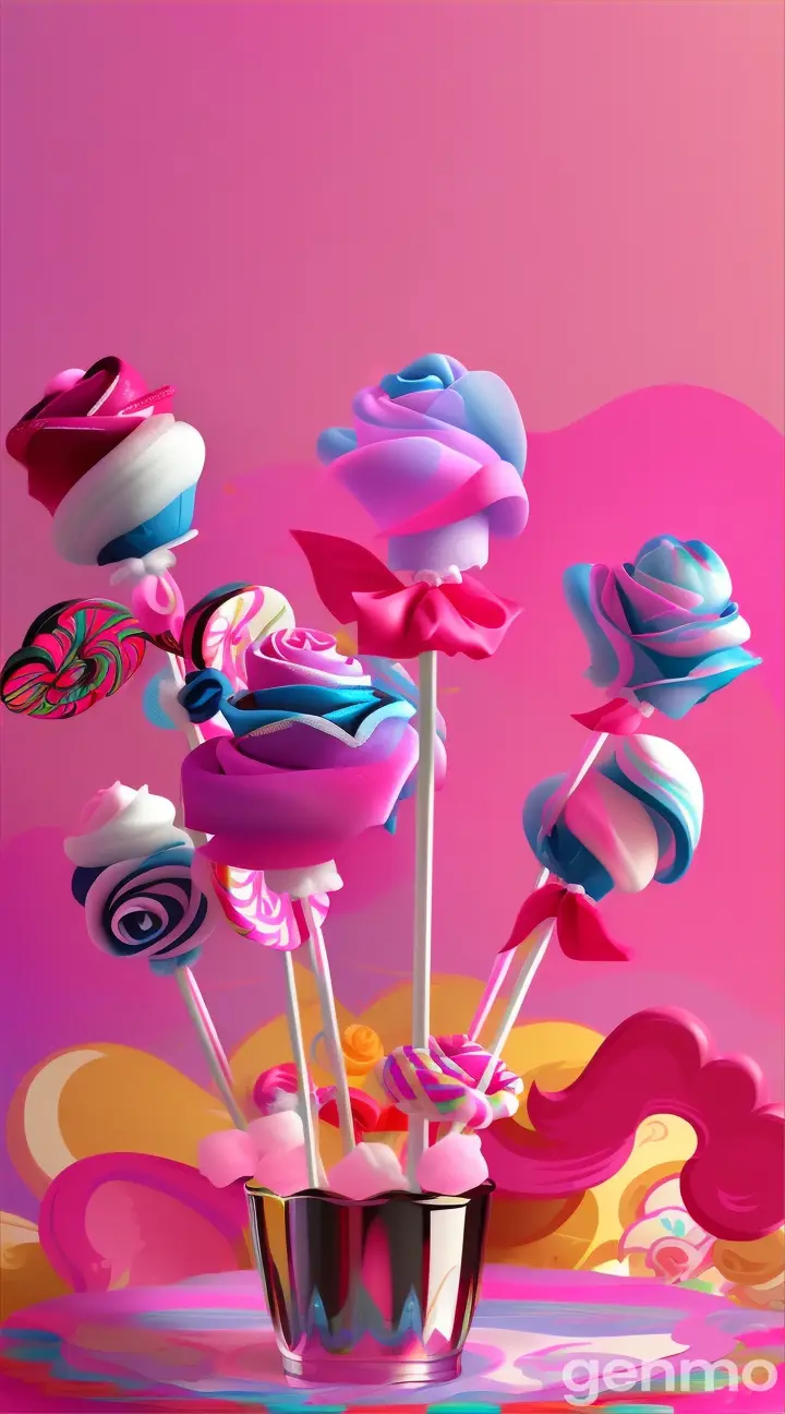 4. 
Three stylized roses on a playful, candy-colored background with swirling lollipops, gumdrops, and cotton candy
Три стилизованные розы на игривом конфетном фоне с кружащимися леденцами, леденцами и сладкой ватой.
