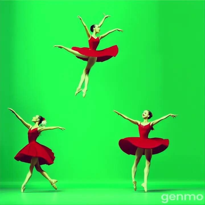 three ballerinas in red dresses are jumping. dancing ballet dance