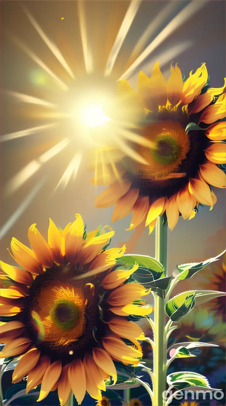 5. 
Three stylized sunflowers on a bright sunburst background with shining lines and bright colors.
Три стилизованные подсолнухи на ярком фоне солнечных лучей с сияющими линиями и яркими цветами.
