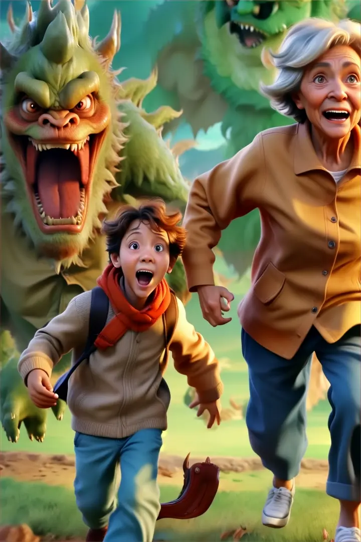 old woman and little boy  running away from monster