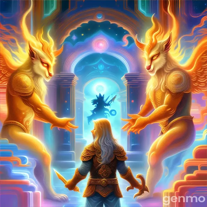 a painting of two mythical creatures in front of a doorway