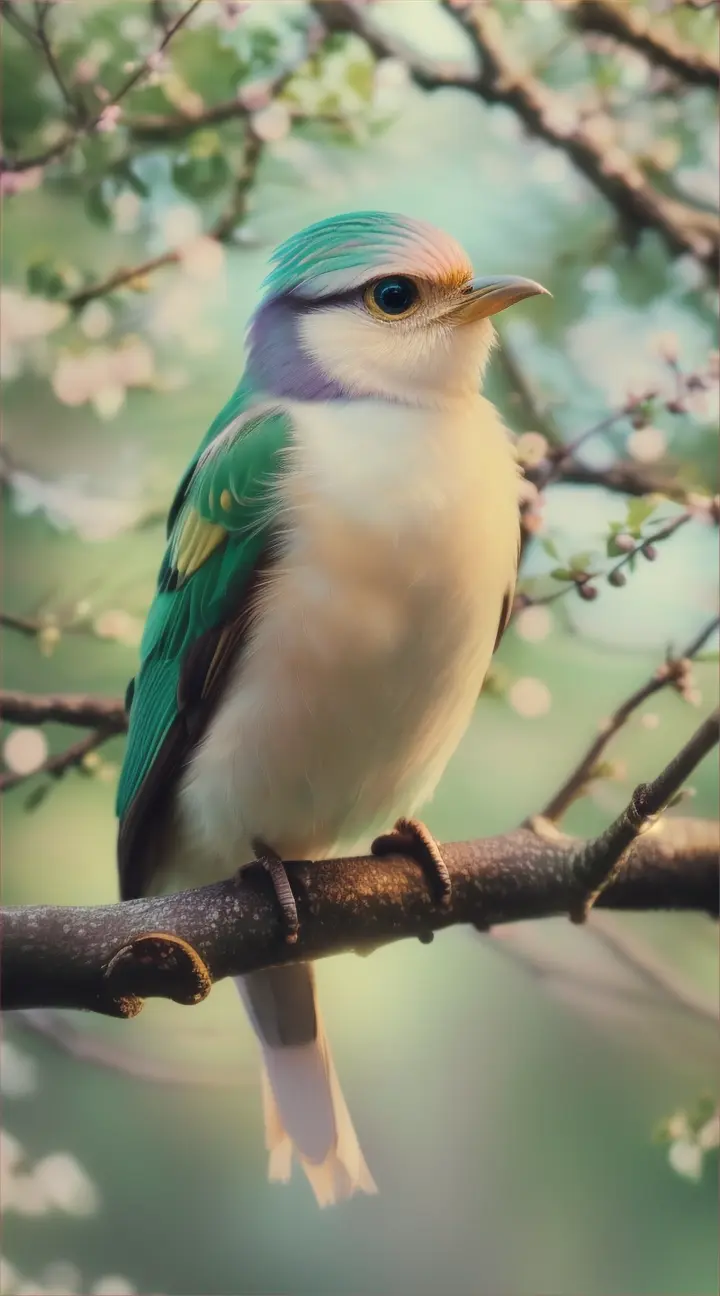 "A stunning photograph of a fluffy, pastel-colored bird perched on a slender branch. The bird's feathers display a blend of soft, pastelhues, making it stand out against the predominantly white background. Its large, round eyes are filled with curiosity, as it gazes into the distance. The branch it rests upon has a few small, green leaves, adding a touch of natural green to the scene. The overall atmosphere of the image is vibrant and whimsical, with a sense of tranquility., photo"