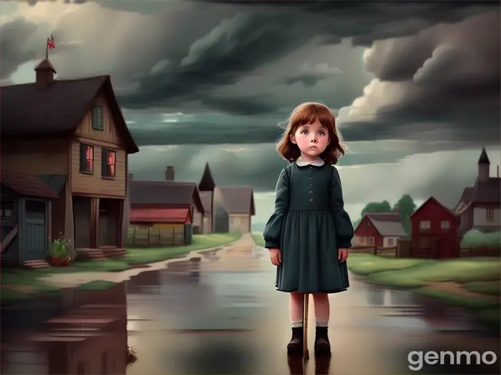 Little girl  sad cartoon in village