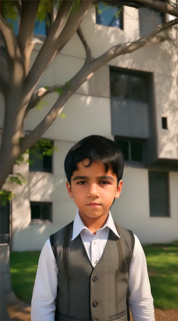 "1 boy, male_focus, realistic, solo, black_hair, outdoors, tree, day, sky, building, blue_sky, looking_at_viewer, shirt, road, upper_body, black_eyes, vest, shadow"