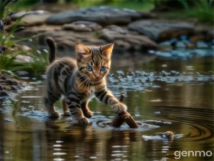 a small kitten playing with a stick in the water. The background is stationary. The movement of the water and the kitten's paws.