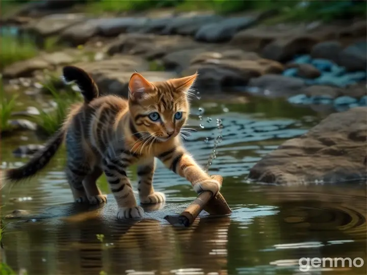 A charming kitten in a bright T-shirt and shorts is playing with water with a stick on the bank of a stream.The background is stationary. The movement of the water and the kitten's paws. remove the fifth paw and the second tail