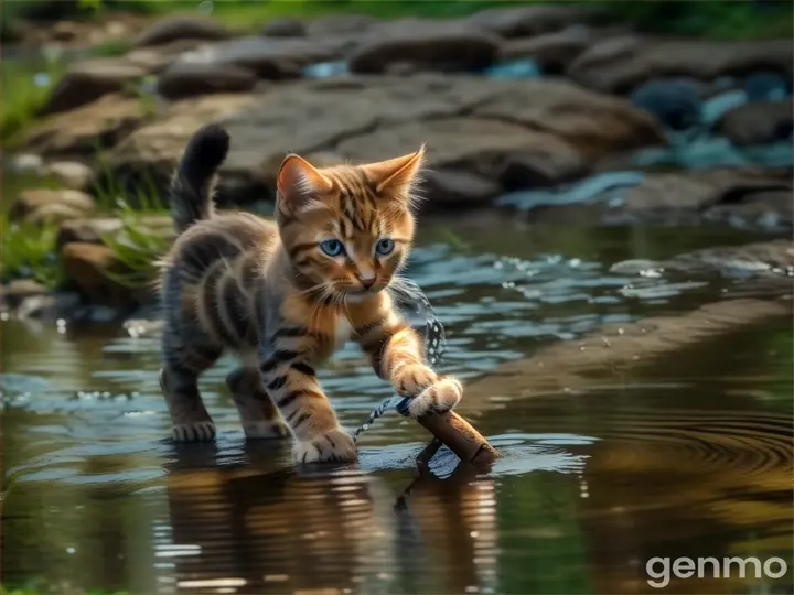 A charming kitten in a bright T-shirt and shorts is playing with water with a stick on the bank of a stream.The background is stationary. The movement of the water and the kitten's paws. remove the fifth paw and the second tail