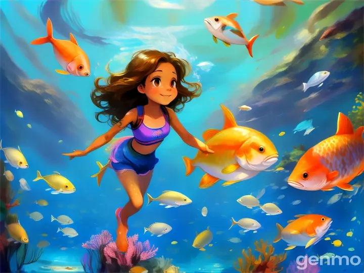 a painting of a girl swimming in the ocean surrounded by fish