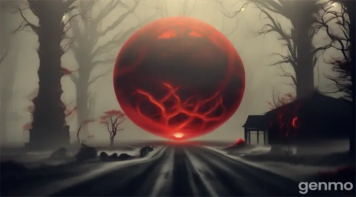 A giant red orb floating within a creepy, eldritch environment, snatching the essence of everything around it with the sky taking on a threatening presence