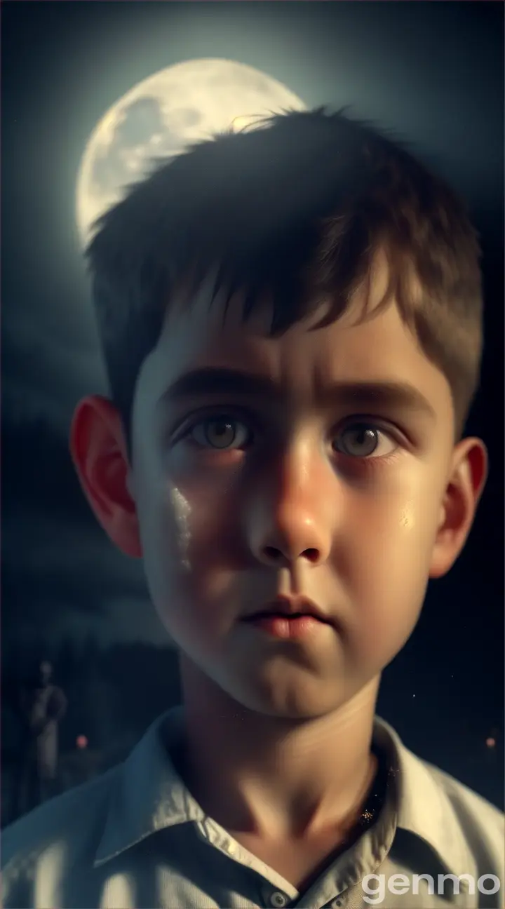 **The boy turning around in fear**: "The boy turning around in shock and fear, his eyes wide open, as he sees the ghostly figure behind him, the eerie glow of the moon highlighting his terrified expression."