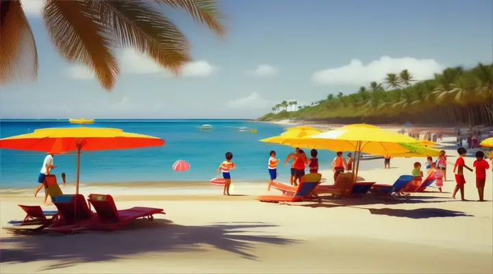 The sun is high in a bright blue sky, shining down on a bustling beach filled with people enjoying the day. Beach umbrellas and towels dot the sand.