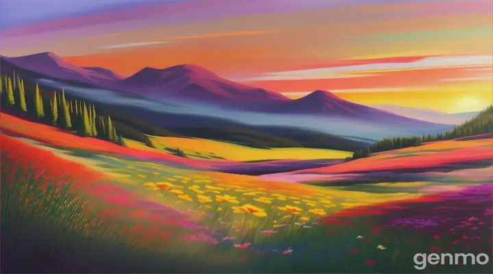 A vibrant, abstract painting of wildflowers blooming in a mountain meadow