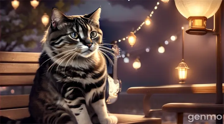 A realistic cinematic cat, sitting on a bench under the moon at night, the light of lanterns, sunset, singing a song with a guitar