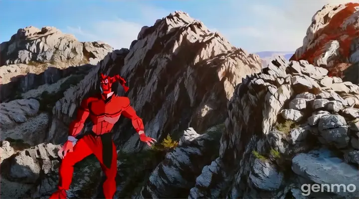 a cartoon of a man in a red costume standing on top of a mountain