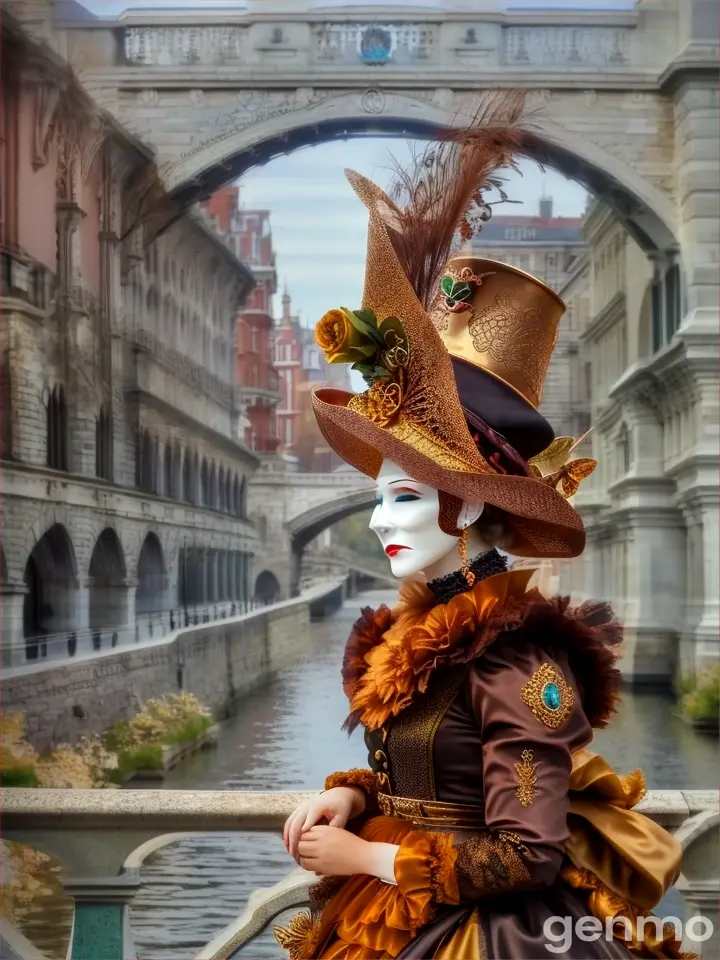 a woman in a fancy dress and hat on a bridge